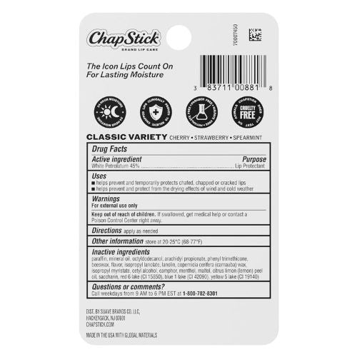 ChapStick Classic Variety Flavored Lip Balm Sticks with 24 Moisture, 3-Pack