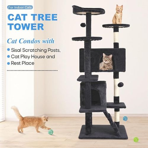 FDW Cat Tree ā 54" Multi-Level Tower with Scratching Posts & Cozy Condo (Dark Gray)