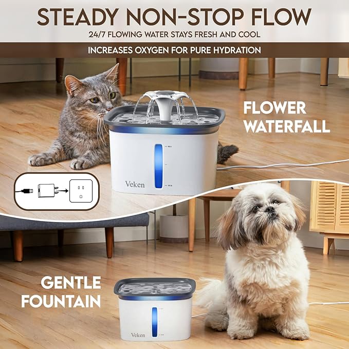 Veken Pet Water Fountain β 95oz/2.8L, Automatic Dispenser with Filters (Grey)