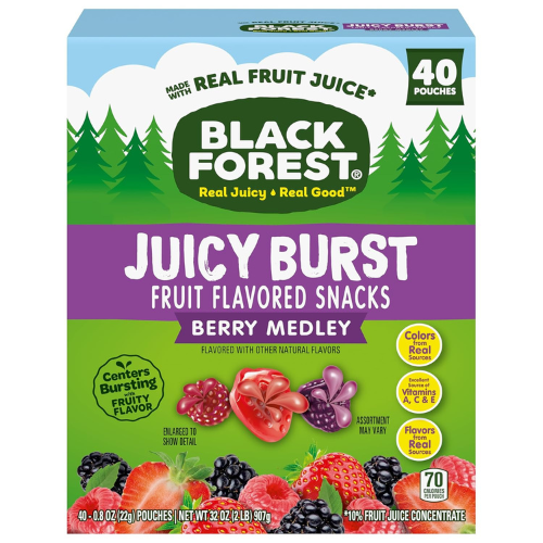 Black Forest Juicy Burst Fruit Snacks, Berry Medley, 0.8 Ounce Pouches (40 Count)