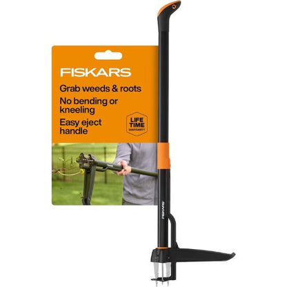 Fiskars Deluxe Stand-Up Weed Puller Tool, 4 Serrated Stainless Steel Claws