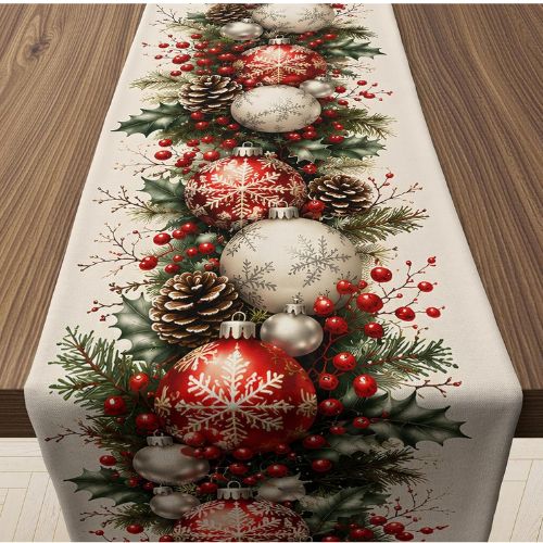 Xmas Balls Snowflake Pine Cone Table Runner