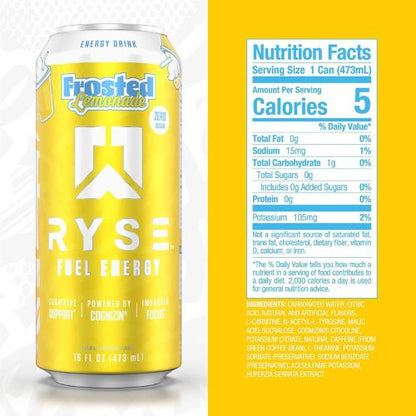 RYSE Fuel Energy Drink - Frosted Lemonade - Sugar Free - 200mg  16 fl oz Cans (12-Pack)