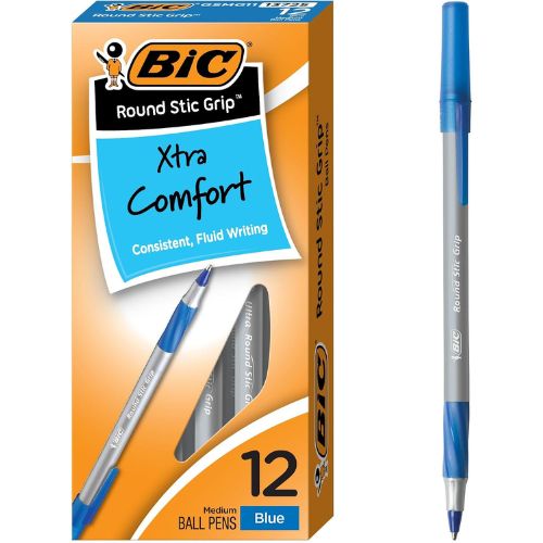 BIC Round Stic Grip Xtra Comfort Ballpoint Pen, Blue Ink, 12-Count