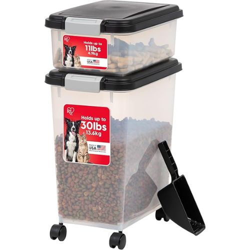 IRIS Pet Food Storage Combo – 30lb + 11lb Airtight Bins (Black)