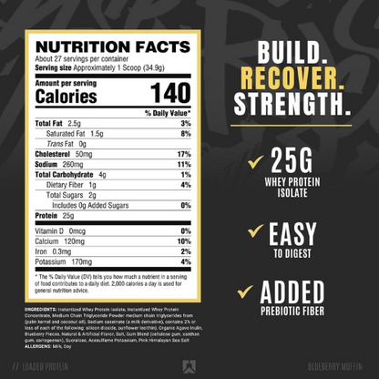 Ryse Loaded Protein Powder Low Carbs & Low Sugar 27 Servings (Blueberry Muffin)