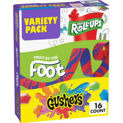 Fruit Roll Ups , Fruit by the Foot & Gushers Variety Pack , 16 Count.