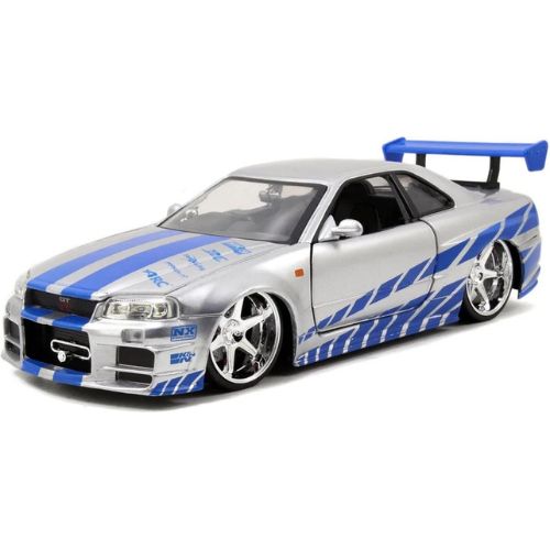 Jada Toys Fast & Furious Brian’s 2002 Nissan Skyline R34 Die-Cast Car – 1:24 Scale, Silver & Blue