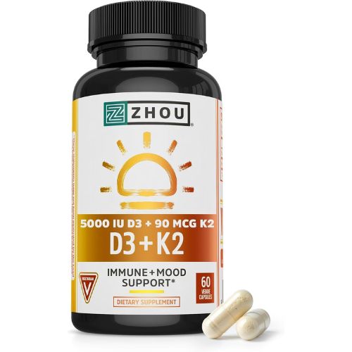 Zhou D3+K2 Supplement - 60 Veggie Capsules (Pack of 1)