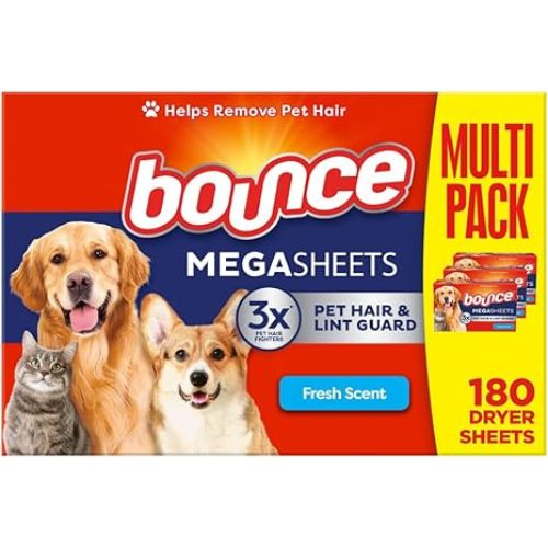 Bounce Pet Hair Guard Dryer Sheets – 180-Count, Fresh Scent, Mega Size