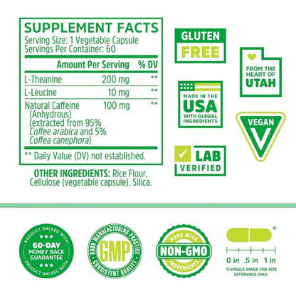 Zhou Energy + Focus - 200mg L-Theanine - 60 Vegetarian Capsules (Pack of 1)