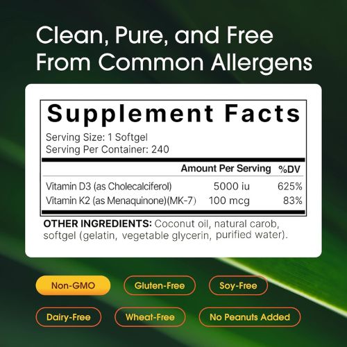 NatureBell Vitamin D3 5,000 IU & K2 100mcg, 240 Softgels