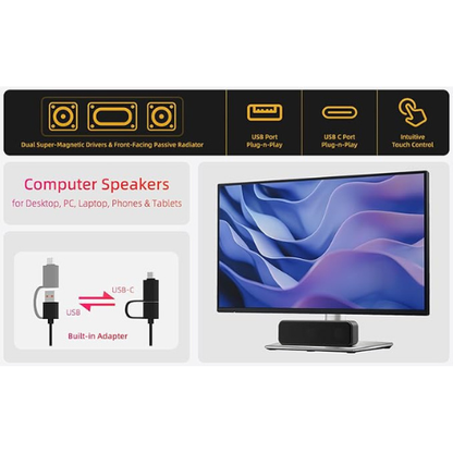 USB Computer Soundbar – Wired Speaker with Deep Bass & Touch Control