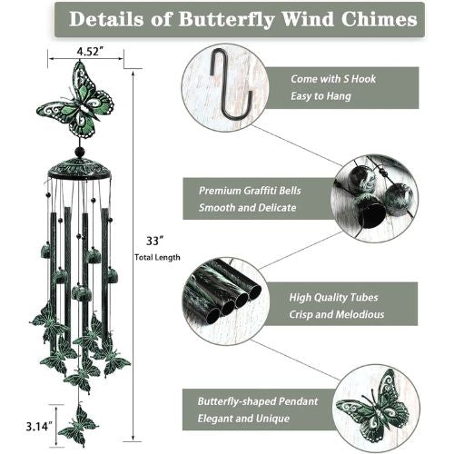 33" Green Butterfly Outdoor Wind Chimes