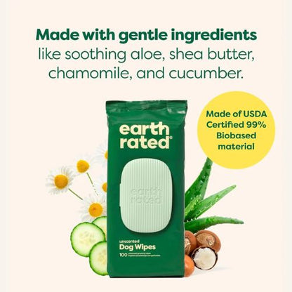 Earth Rated Pet Wipes – 100ct, Hypoallergenic & Unscented Grooming Wipes