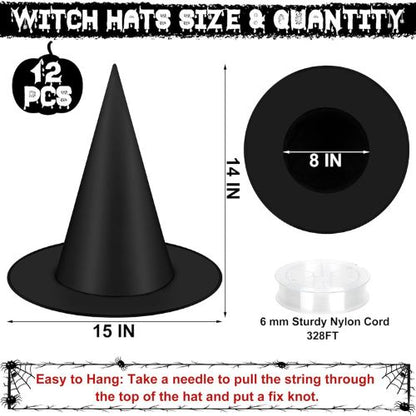 12 PCS Halloween Witch Hats, Black Hanging