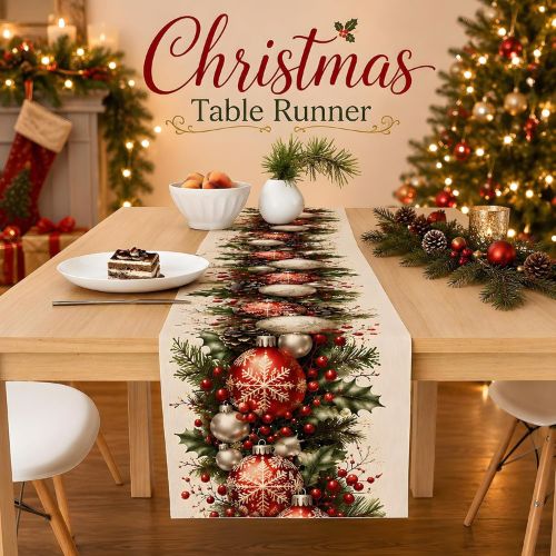 Xmas Balls Snowflake Pine Cone Table Runner
