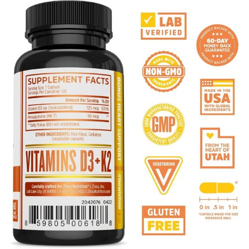 Zhou D3+K2 Supplement - 60 Veggie Capsules (Pack of 1)