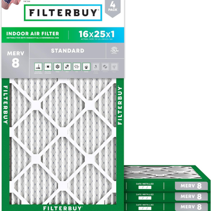 Filterbuy MERV 8 Air Filter – 16x25x1, 4 Pack