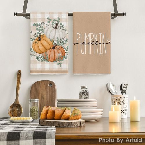 Orange Hello Pumpkin Fall Kitchen Towels Set