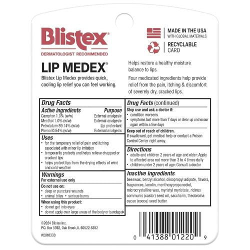 Blistex Lip Medex Medicated Lip Balm, 24 Hr Moisture, 0.25 oz, 3 Count