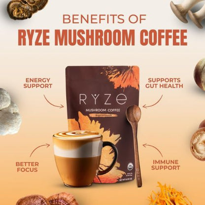 RYZE Organic Mushroom Coffee, Medium Roast, Adaptogenic Blend, 30 Servings