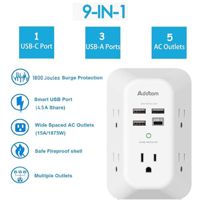 Addtam USB Wall Charger – 5 Outlets + 4 USB (1 USB-C), 1800J Surge Protector
