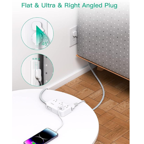 Power Strip Extension Cord – 6 Outlets + 4 USB (2 USB-C), 5FT Braided, Flat Plug