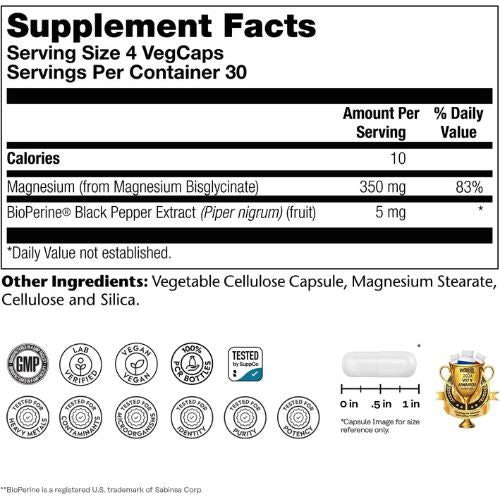 SOLARAY Enhanced Absorption Magnesium Glycinate 350 mg, 120 VegCaps