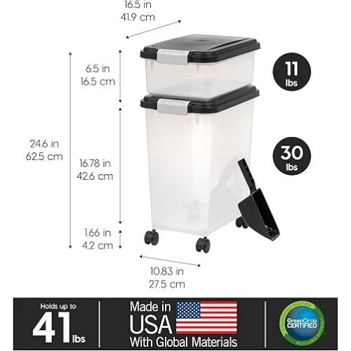 IRIS Pet Food Storage Combo – 30lb + 11lb Airtight Bins (Black)