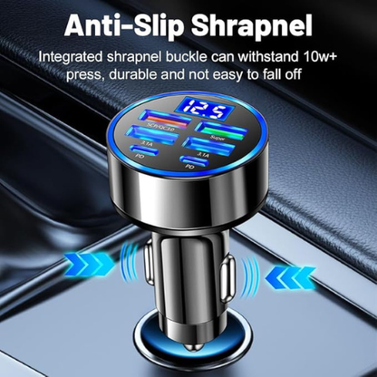 6-in-1 Multi-Port Car Charger – 2PD + 3USB + QC3.0, Voltage Detection