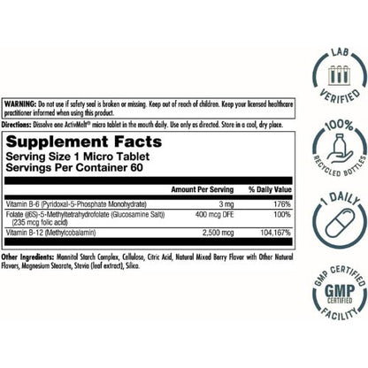 KAL Vitamin B-6 B-12 Methyl Folate ActivMelt 60 Servings, 60 Micro Tabs