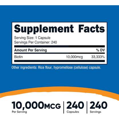 Nutricost Biotin (Vitamin B7) 10,000mcg (10mg), 240 Capsules, Quick Release