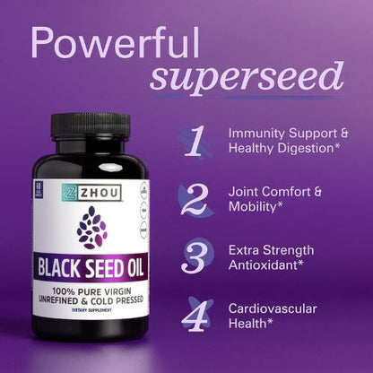 ZHOU Black Seed Oil Capsules - Nigella Sativa - 60 Capsules (Pack of 1)