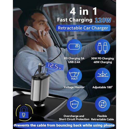 4-in-1 Retractable Car Charger – USB-C & USB-A Fast Charging