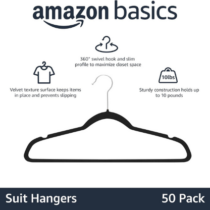 Slim Velvet , Non Slip Suit Clothes Hangers , Pack of 50 , Black