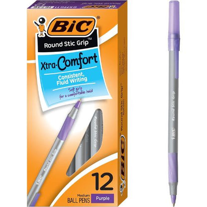 BIC Round Stic Grip Xtra Comfort Ballpoint Pen, Purple Ink, 12-Count