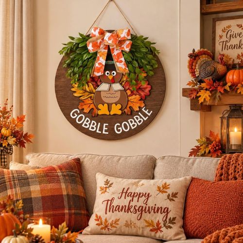 Thanksgiving Door Decor Turkey Wooden Sign for Front Door