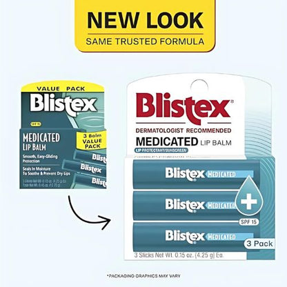 Blistex Medicated Lip Balm SPF 15, 24 Hr Moisture, 0.15 oz, 3 Count