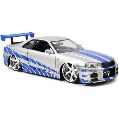 Jada Toys Fast & Furious Brian’s 2002 Nissan Skyline R34 Die-Cast Car – 1:24 Scale, Silver & Blue