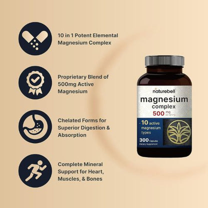 NatureBell Magnesium Complex 10-in-1, 500 mg Per Serving, 300 Capsules