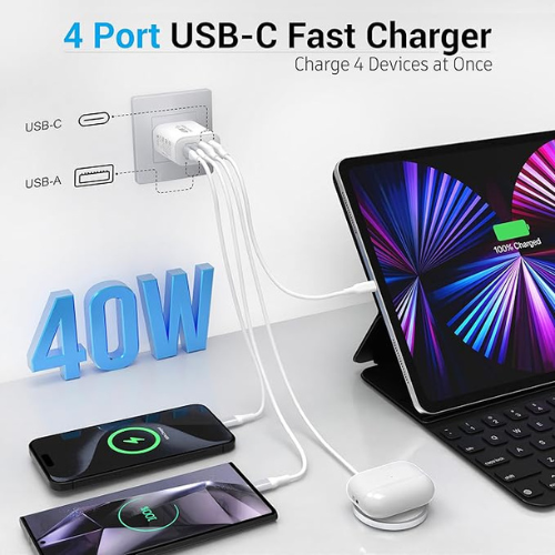 TT&C 40W USB-C Wall Charger – 4-Port PD+QC Fast Charging Block