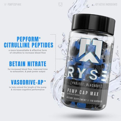 RYSE Project Blackout Pump Cap Max - Pre Workout Nitric Oxide Booster  30 Servings (120 Count)
