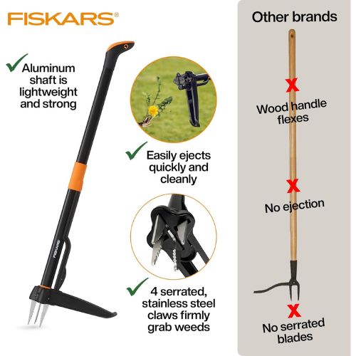 Fiskars Deluxe Stand-Up Weed Puller Tool, 4 Serrated Stainless Steel Claws