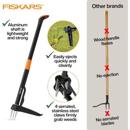 Fiskars Deluxe Stand-Up Weed Puller Tool, 4 Serrated Stainless Steel Claws