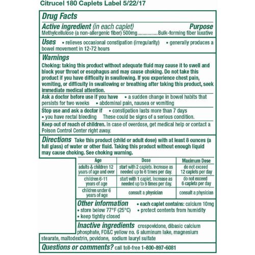 CITRUCEL Fiber Therapy Caplets for Irregularity, Easy to Swallow Methylcellulose, 180 Count