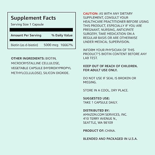 Amazon Elements Vegan Biotin 5000 mcg 130 Capsules, 4 Month Supply