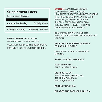 Amazon Elements Vegan Biotin 5000 mcg 130 Capsules, 4 Month Supply
