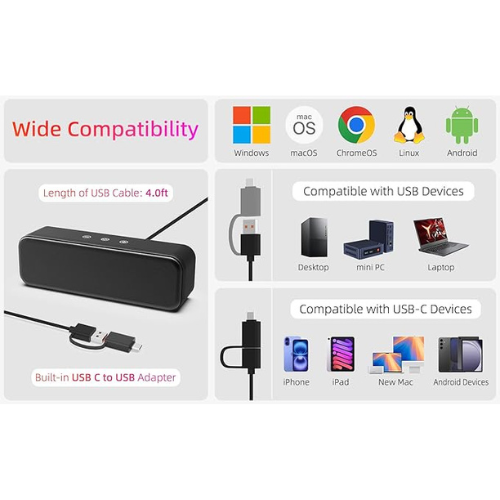 USB Computer Soundbar – Wired Speaker with Deep Bass & Touch Control