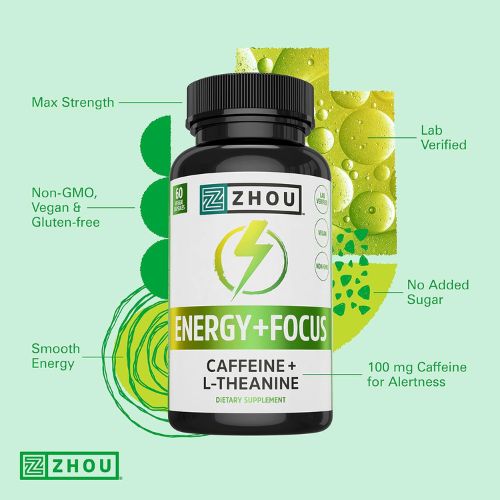 Zhou Energy + Focus - 200mg L-Theanine - 60 Vegetarian Capsules (Pack of 1)